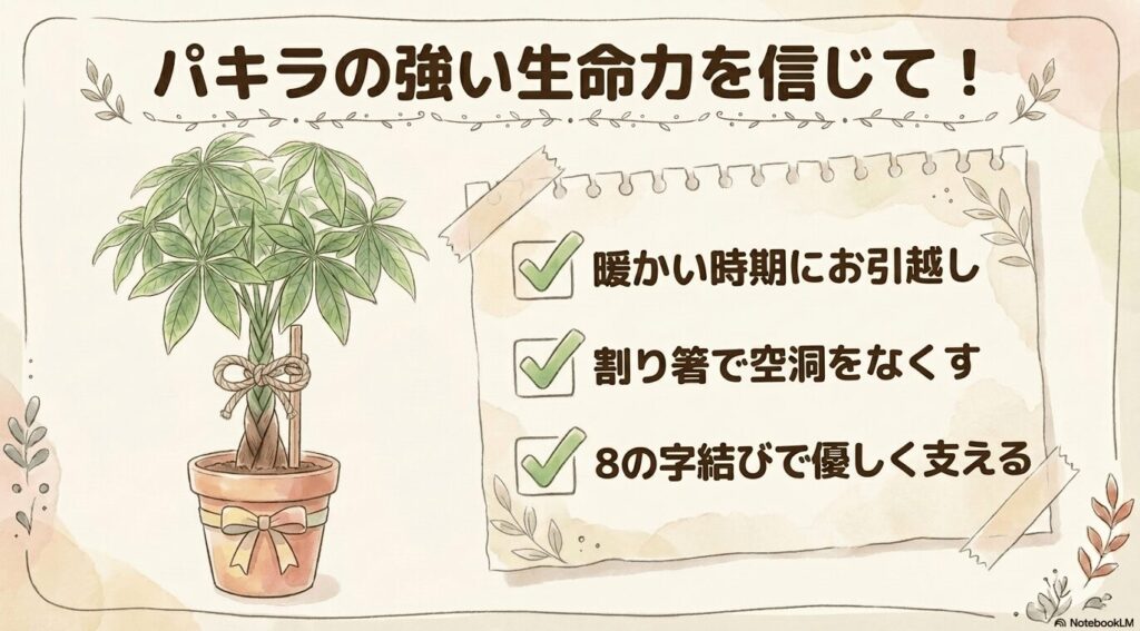 パキラの強い生命力を信じて！という文字と、リボンが巻かれた鉢に真っ直ぐ植えられた元気なパキラのイラスト。暖かい時期にお引越し、割り箸で空洞をなくす、8の字結びで優しく支えるという3つの重要ポイントが記載されている。