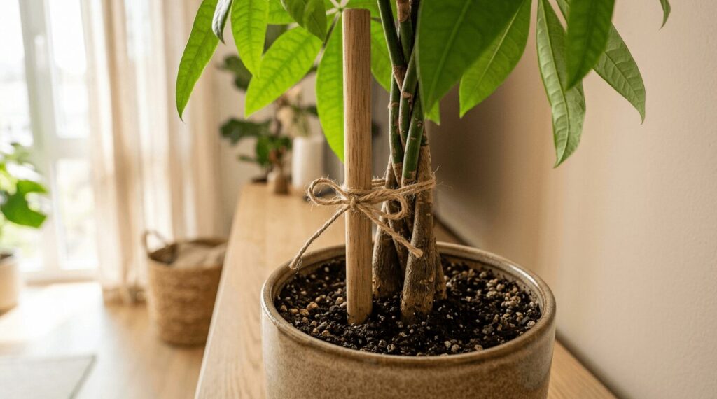 明るいリビングに置かれた鉢植えのパキラ。植え替え後にグラグラするのを防ぐため、根元に木製の支柱を立て、麻紐で幹を優しく結んで固定している様子。