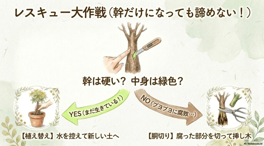 パキラの幹をカッターで削って中身を確認するイラストと、ハサミで幹を切るイラスト。「幹が硬く中身が緑色なら植え替え、ブヨブヨに腐敗していたら胴切りをして挿し木」というレスキュー手順を図解したスライド