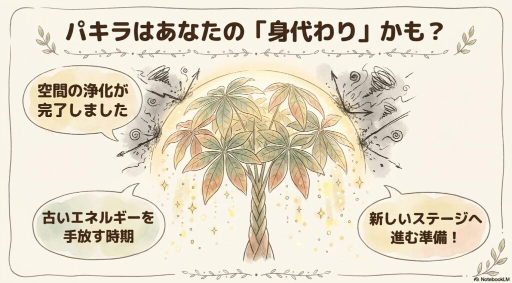 パキラはあなたの身代わりかも？という文字と、キラキラと輝くパキラのイラスト。空間の浄化が完了しました、古いエネルギーを手放す時期、新しいステージへ進む準備！といったポジティブなメッセージが添えられている。