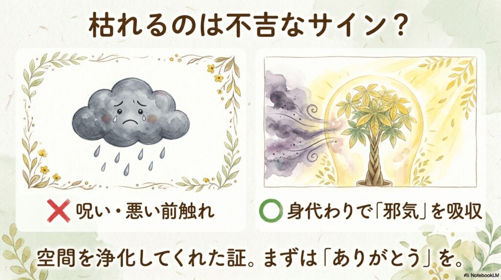 パキラが邪気を吸い取り光のドームで浄化しているイラスト。「枯れるのは不吉なサインではなく、身代わりで邪気を吸収し空間を浄化してくれた証」とスピリチュアルな意味を解説するスライド