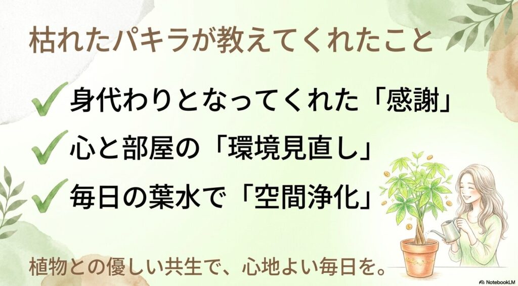 女性が笑顔でパキラに水やりをしているイラスト。「身代わりとなってくれたことへの感謝、環境見直し、毎日の葉水による空間浄化で、植物と心地よく共生しよう」と記事の結論をまとめたスライド