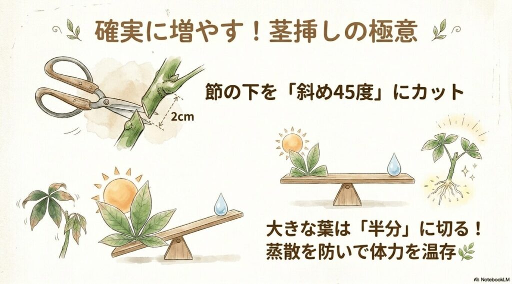 パキラの茎挿しの極意を図解。節の下を斜め45度にカットし、蒸散を防いで体力を温存するために大きな葉は半分に切ることを示すイラスト。