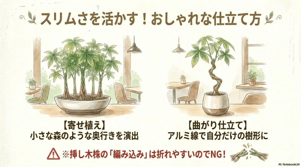 挿し木パキラのスリムさを活かしたおしゃれな仕立て方の図解 。小さな森のような寄せ植えと、アルミ線で作る曲がり仕立てのイラスト 。なお挿し木株の編み込みは折れやすいのでNGであるとの注意書き 。