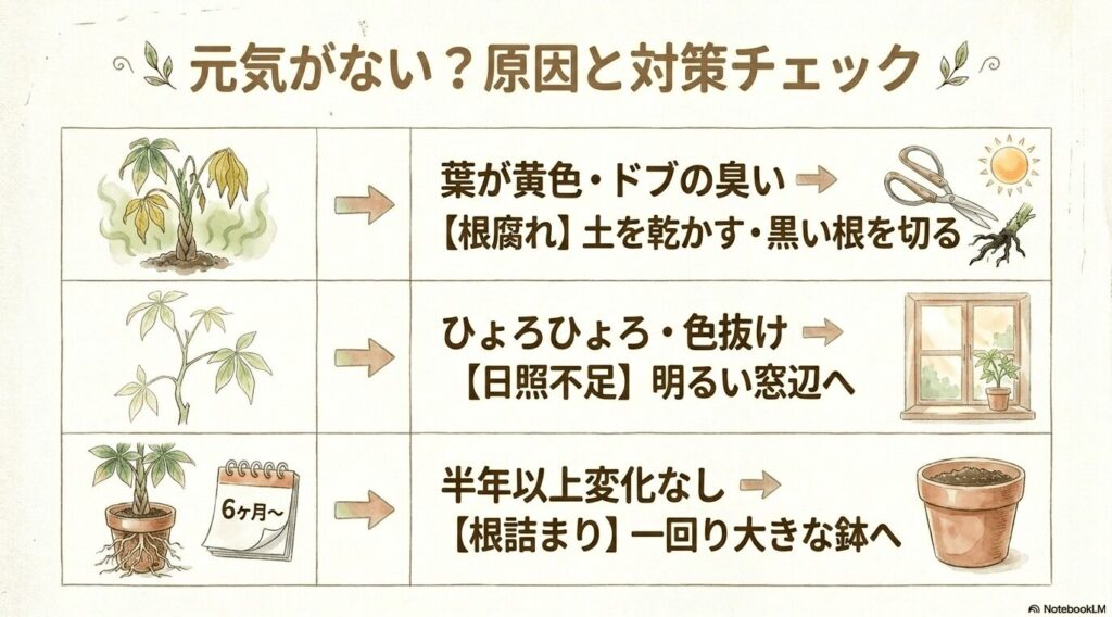 パキラの元気がない時の原因と対策チェック 。葉が黄色い時は根腐れ、ひょろひょろの時は日照不足、半年以上変化がない時は根詰まりを疑うというチェックリストの図解 。