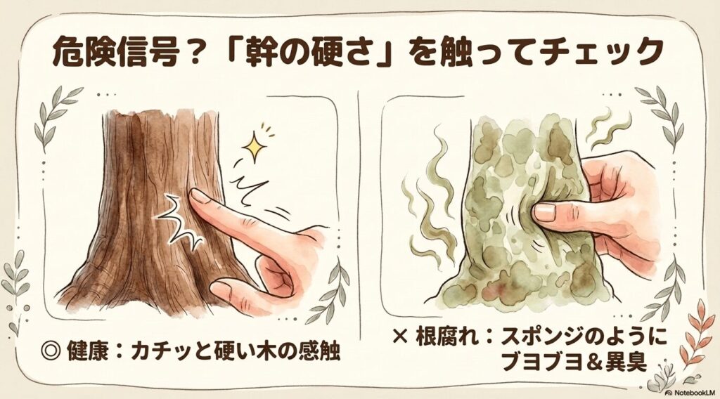 危険信号「幹の硬さ」を触ってチェック。指でパキラの幹を押している2つのイラスト。健康な場合はカチッと硬い木の感触があり、根腐れの場合はスポンジのようにブヨブヨと凹み、異臭が漂っている様子が描かれている。