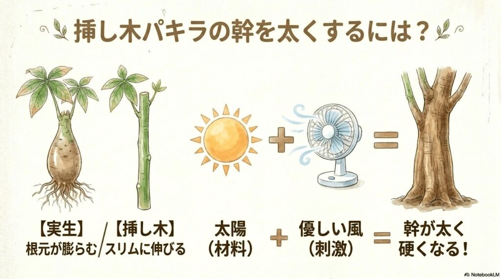 挿し木パキラの幹を太くする方法の図解 。実生と挿し木の違いに加え、太陽（材料）と優しい風（刺激）を合わせることで幹が太く硬くなることを示すイラスト 。