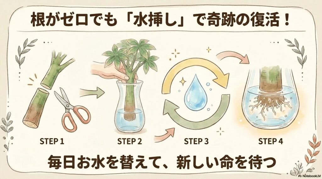 根がゼロでも「水挿し」で奇跡の復活。幹をハサミでカットして切り口を整え、透明なガラス瓶の水に浸して新しい根を待つSTEP1からSTEP4までの手順を描いたイラスト。「毎日お水を替えて新しい命を待つ」との記載がある。