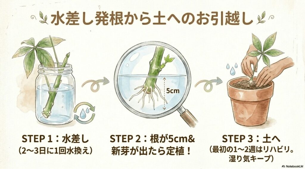 水差し発根から土へのお引越しの手順を図解。STEP1は2〜3日に1回水換えをする水差し、STEP2は根が5cm伸びて新芽が出たら定植、STEP3は土へ植え替え最初の1〜2週間はリハビリとして湿り気をキープする様子を示すイラスト。