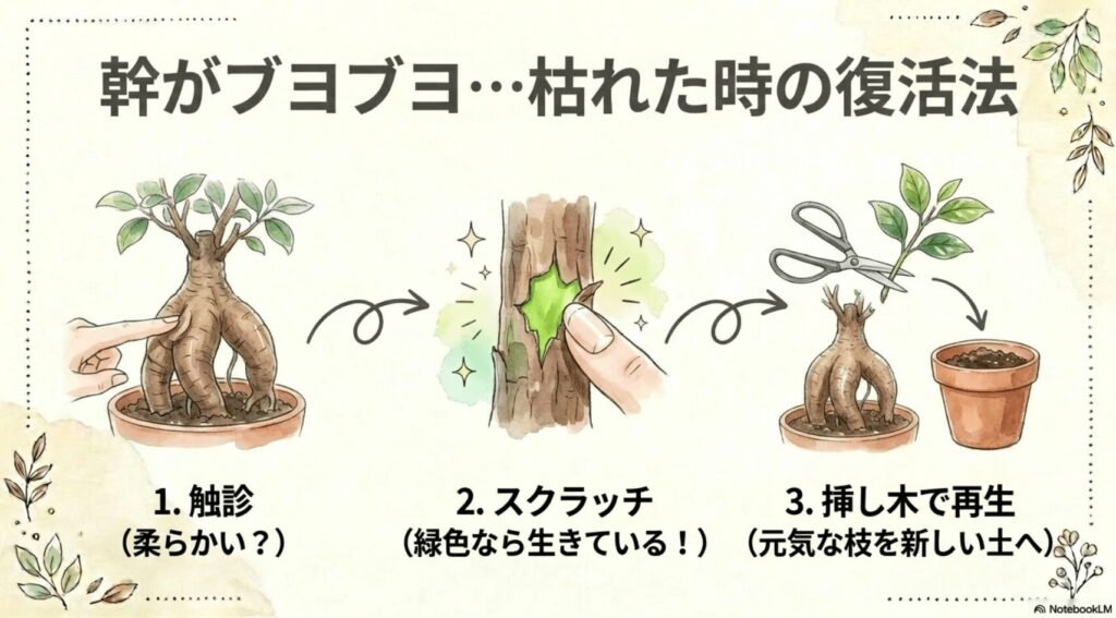 幹がブヨブヨに枯れた時の復活法3ステップの図解。1つ目に柔らかいか確認する触診、2つ目に緑色なら生きていることを確認するスクラッチ、3つ目に元気な枝を新しい土へ移す挿し木による再生手順を解説。