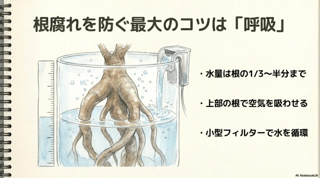 容器内の水位を根の高さの3分の1から半分までに留め、酸素を取り込める空間を作っている様子