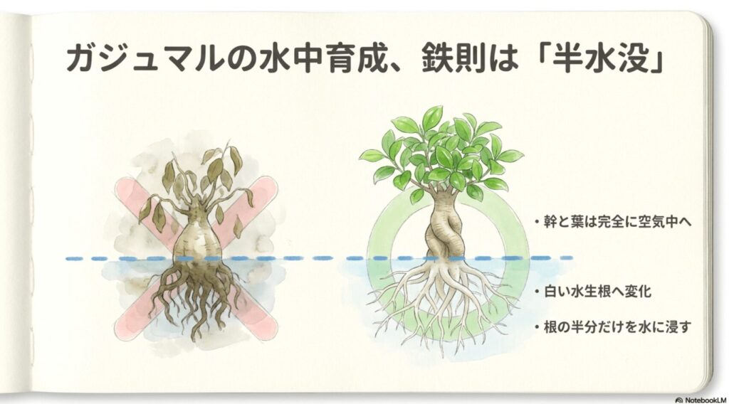 ガジュマルの幹と葉は空気中に出し、根の一部だけを水に浸す「半水没」状態を示す図解