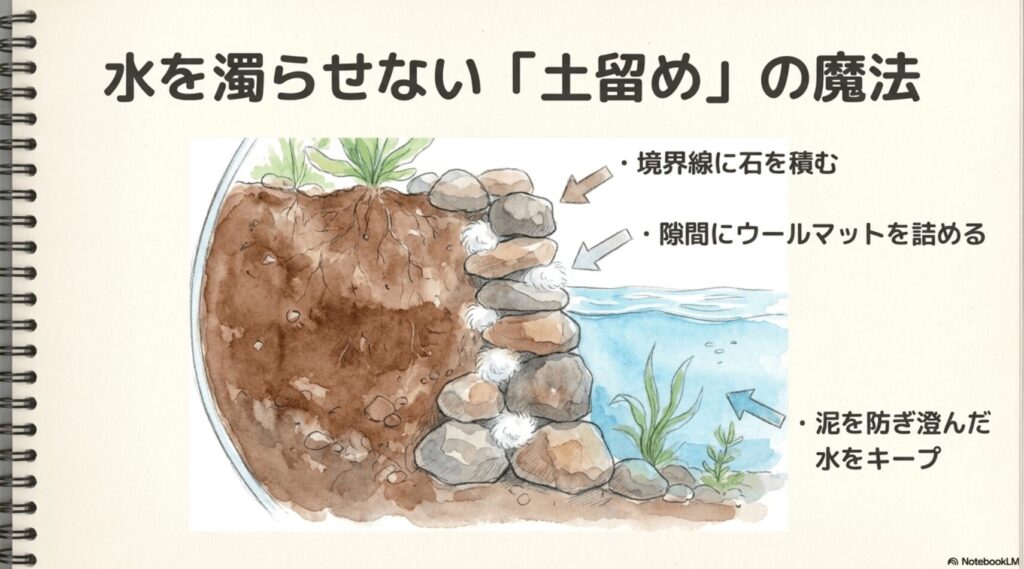 石の隙間にウールマットを詰めて、土が水槽へ流出するのを防いでいる様子を示すイラスト