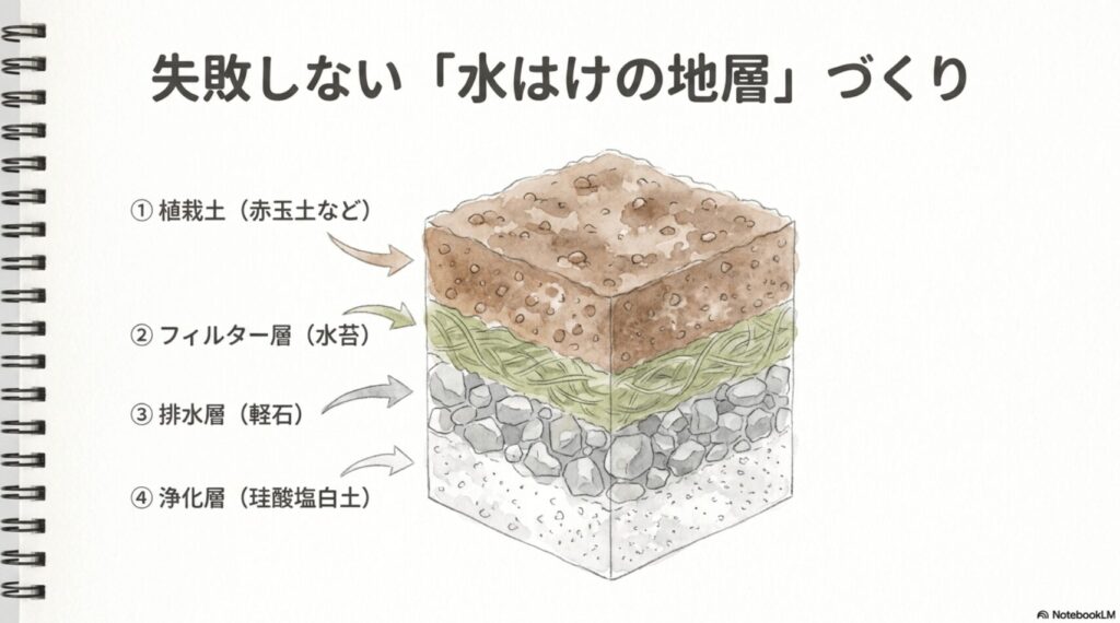 水槽の底から順に珪酸塩白土、軽石、水苔、赤玉土と積み重なる地層の構造図