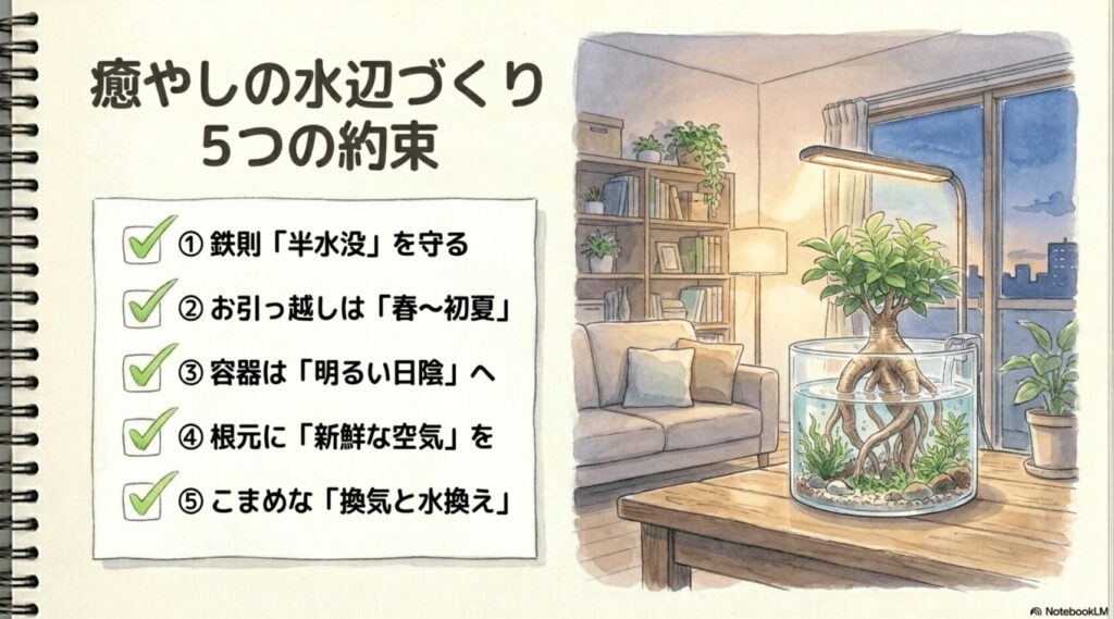 部屋の中でLEDライトに照らされたガジュマル水槽の風景と、管理の5つのポイントが書かれたまとめイラスト