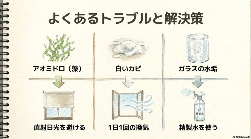 アオミドロ、白いカビ、水垢それぞれの原因と対処法を一覧にしたトラブルシューティング表