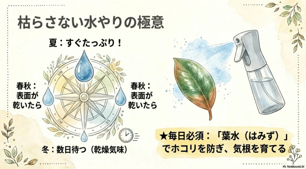 ガジュマルを枯らさない水やりの極意を示す図。夏はすぐたっぷり、春・秋は表面が乾いたら、冬は数日待って乾燥気味に水を与えるタイミングを解説。また、毎日必須のお手入れとして霧吹きによる葉水を紹介。