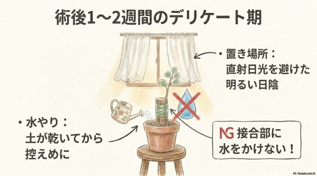 窓辺のレースカーテン越しの明るい日陰に置かれた接ぎ木直後のガジュマル。接合部には水をかけず、土めがけてジョウロで控えめに水やりをしているイラスト。