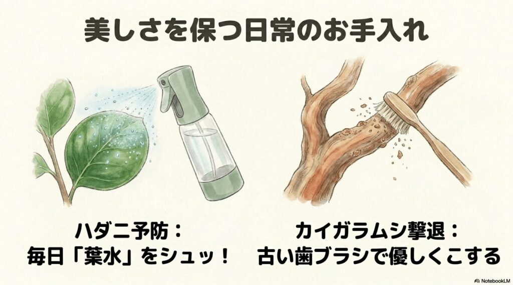 葉っぱに霧吹きで水をかけるハダニ予防の「葉水」と、幹についたカイガラムシを古い歯ブラシで優しくこすり落とすお手入れの様子を描いたイラスト。