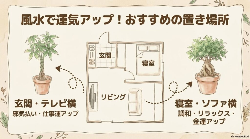 玄関やテレビ横にパキラを置いて邪気払い・仕事運アップ、寝室やソファ横にガジュマルを置いて調和・リラックス・金運アップをもたらす、おすすめの置き場所を示した間取り図イラスト