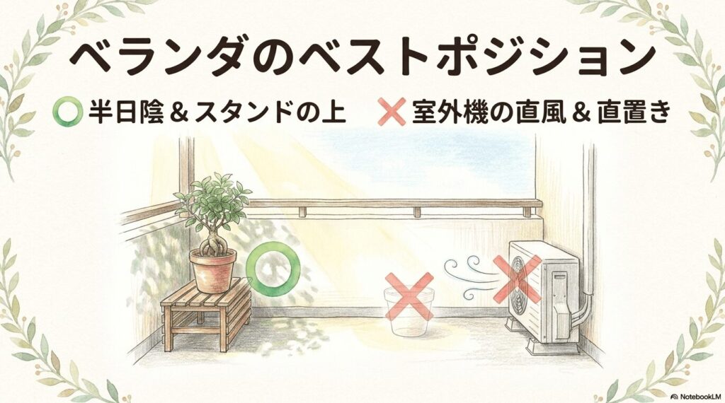 ベランダでの置き場所の解説イラスト。スノコの上に置かれた半日陰の鉢植えはOK、コンクリート直置きやエアコン室外機の直風が当たる場所はNGと示されている。