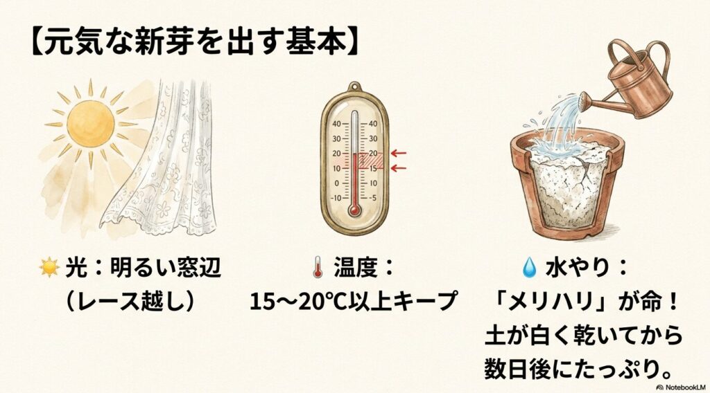 太陽の光が差し込むレースカーテン、20度を示す温度計、ひび割れた土に水を注ぐイラストとともに、光・温度・水やりの基本を解説したスライド画像。