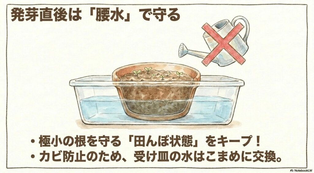 発芽直後の腰水管理のイラスト。極小の根を守るために田んぼ状態をキープし、カビ防止のために受け皿の水をこまめに交換するポイントが書かれています。