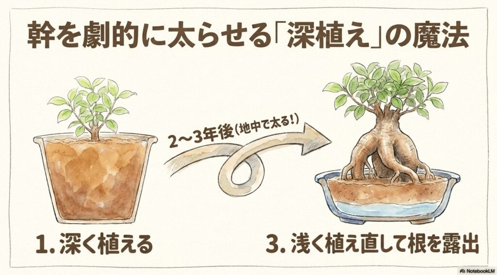 幹を劇的に太らせる深植えの魔法のイラスト。深く植えて2〜3年地中で太らせた後、浅く植え直して根を露出させる手順が描かれています。