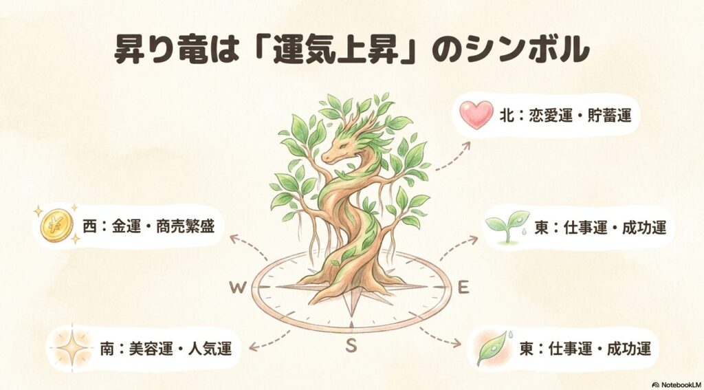 竜の形にうねった木のイラストを中心に、東西南北の方角と風水効果（北：恋愛運・貯蓄運、西：金運・商売繁盛、南：美容運・人気運、東：仕事運・成功運）をまとめた図解。