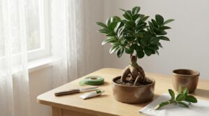 窓際の木製テーブルに置かれた接ぎ木済みの健康的なガジュマルの鉢植えと、小刀、緑色の接ぎ木テープ、癒合剤、白い樹液が滲むカットされた枝などの道具一式の写真。初心者でも安心なガジュマルの接ぎ木手順を表現したアイキャッチ画像。