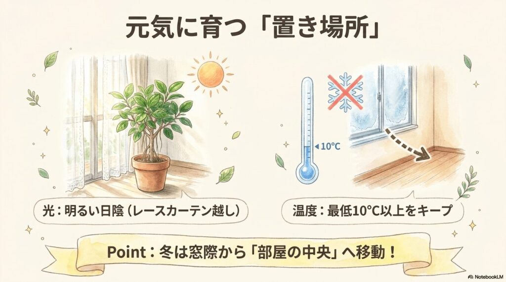 冬の窓辺から部屋の中央へ移動させる矢印のイラスト。光は明るい日陰（レースカーテン越し）、温度は最低10℃以上をキープし、冬は窓際から部屋の中央へ移動させるよう注意喚起されている。