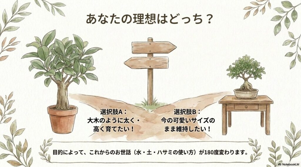 大木のように太く高く育てたいか、今の可愛いサイズのまま維持したいかの2つの選択肢を提示し、目的によってこれからのお世話（水・土・ハサミの使い方）が180度変わることを伝えるスライド。