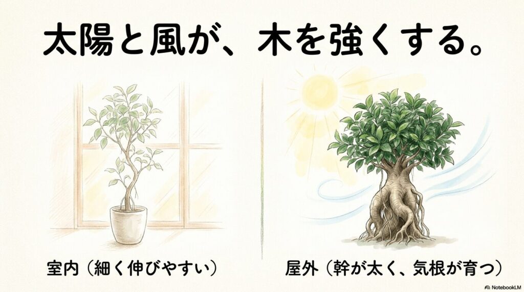室内で細く伸びたガジュマルと、屋外で太陽と風を浴びて幹が太く気根が育ったガジュマルの比較イラスト。「太陽と風が、木を強くする。」というメッセージが添えられている。
