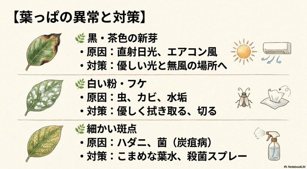 黒く変色した葉、白い粉がついた葉、細かい斑点のある葉のイラストと、それぞれの原因と対策（直射日光やハダニなど）をまとめたスライド画像。