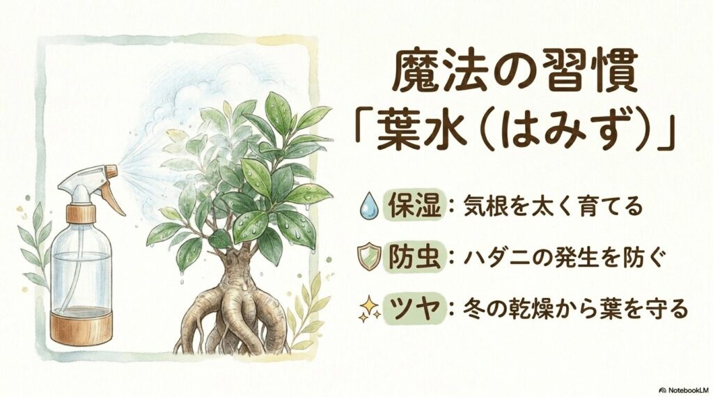 霧吹きで水をかけられているガジュマルのイラスト。葉水の効果として、気根を太く育てる保湿、ハダニの発生を防ぐ防虫、冬の乾燥から葉を守るツヤ出しの3つが挙げられている。
