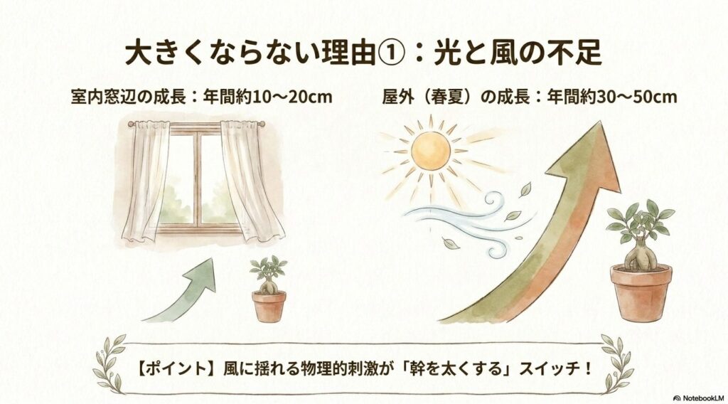 窓辺のカーテンと、屋外の太陽・風・成長の矢印のイラスト。室内窓辺の年間成長量は約10〜20cmに対し、屋外（春夏）は約30〜50cmになること、風に揺れる物理的刺激が幹を太くするスイッチであることを説明するスライド。