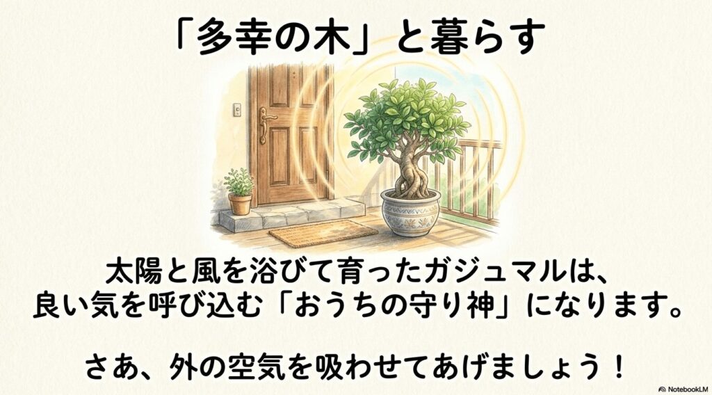 玄関先に置かれた元気なガジュマルの鉢植えから、良い気が広がっている様子を描いたイラスト。「太陽と風を浴びて育ったガジュマルは、良い気を呼び込むおうちの守り神になります」というメッセージが添えられている。