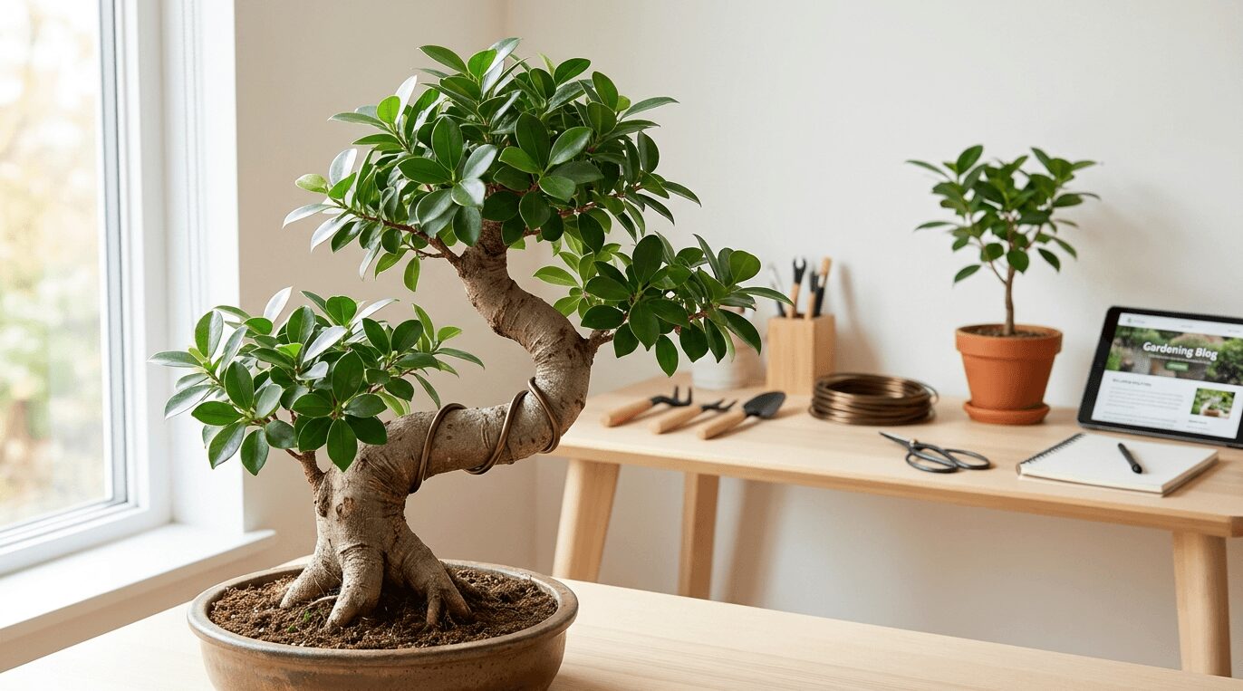 太い針金が巻かれ「昇り竜」のS字カーブに仕立てられたガジュマルの鉢植えと、奥に置かれた園芸道具や曲げる前のまっすぐな苗。ガジュマル「昇り竜」の作り方や初心者でも失敗しない曲げ方のコツを解説するアイキャッチ画像。