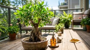 日当たりと風通しの良い外（屋外のベランダ）に置かれた、太い幹と鮮やかな緑の葉を持つ元気なガジュマルの鉢植え。隣には葉水用のおしゃれな霧吹きがあり、手前の床には枯れた黄色い葉が1枚落ちている。ガジュマルの屋外での育て方や最適な置き場所、枯らさないコツを解説する記事のアイキャッチ画像。