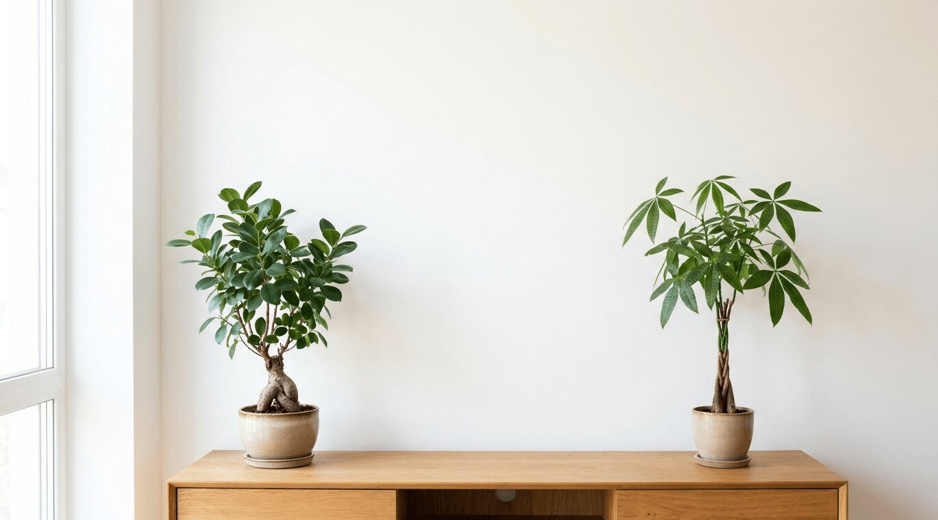 明るい窓辺のナチュラルな木製サイドボードに並んで飾られた、ガジュマルの鉢植え（左）とパキラの鉢植え（右）。「ガジュマルとパキラで迷ったらコレ！失敗しない選び方と2つの決定的な違い」のアイキャッチ画像。