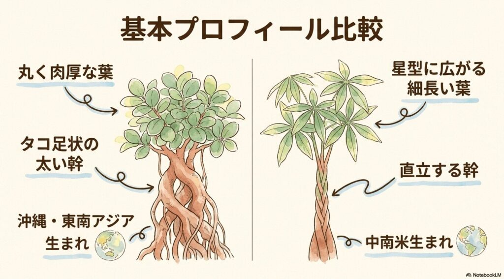 ガジュマル(丸く肉厚な葉、タコ足状の太い幹、沖縄・東南アジア生まれ)とパキラ(星型に広がる細長い葉、直立する幹、中南米生まれ)の基本プロフィールを比較した図解