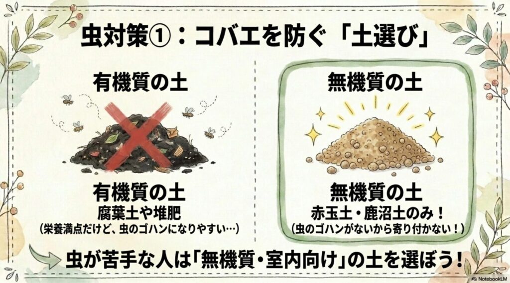 腐葉土などを含む有機質の土と、赤玉土や鹿沼土のみで作られた無機質の土を比較し、虫のゴハンがない無機質の土を選ぶことでコバエを防げることを解説したスライド