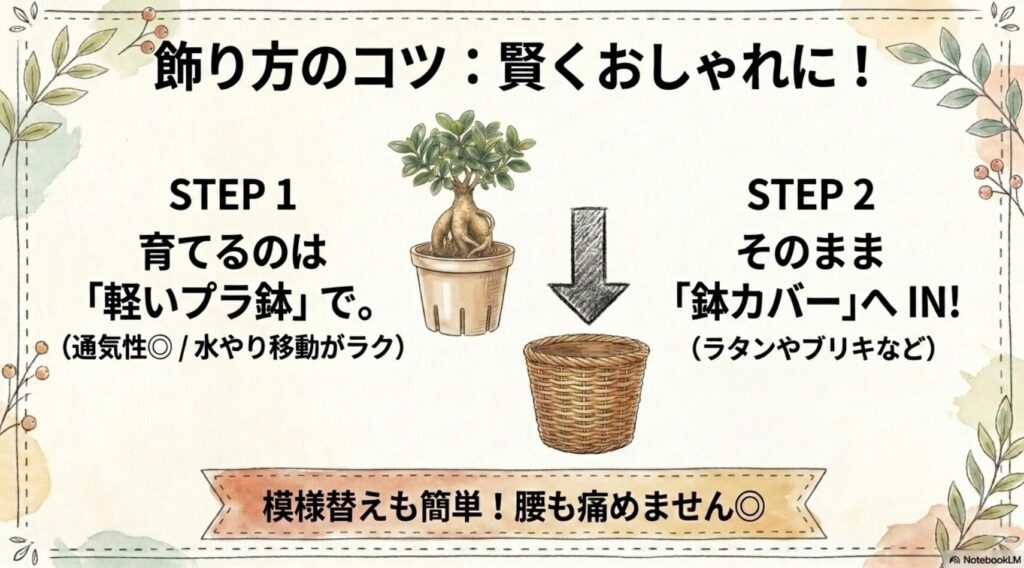 通気性が良く移動しやすい軽いプラスチック鉢で育て、そのままラタンやブリキなどの鉢カバーに入れるという賢くおしゃれな飾り方のコツをまとめたスライド