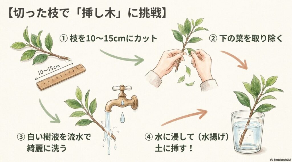 切った枝を10〜15cmにカットし、下葉を取り除き、白い樹液を洗い流して水揚げをしてから土に挿すまでの挿し木の手順を図解したスライド画像。