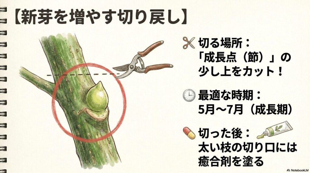 ガジュマルの枝を切る位置（成長点の少し上）や最適な時期（5月〜7月）、切った後の癒合剤の塗り方を図解したスライド画像。