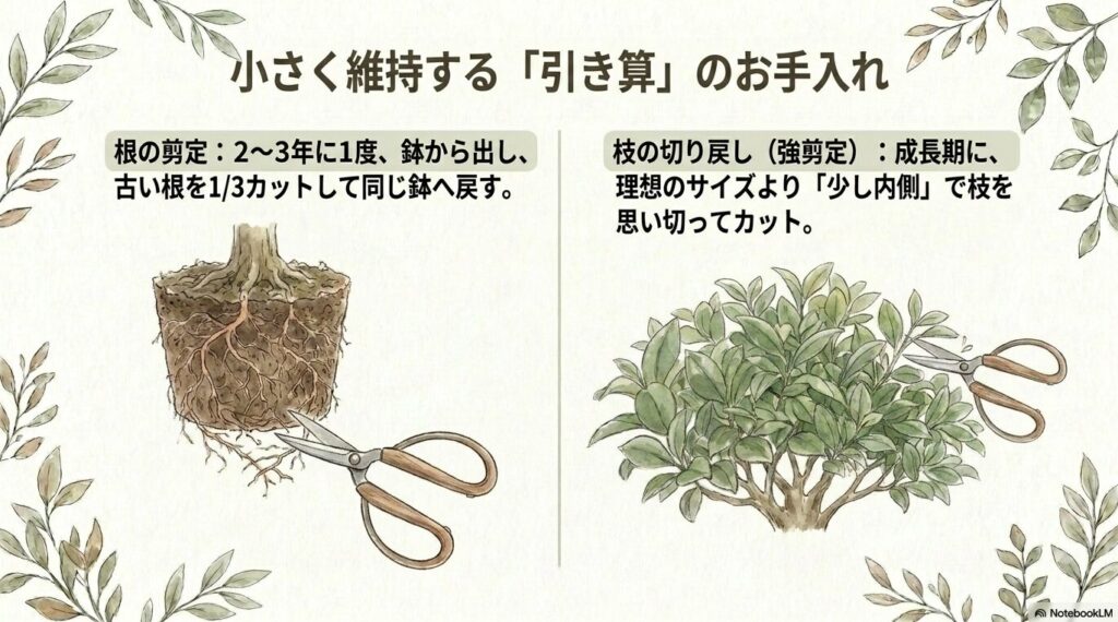 根をハサミで切るイラストと、葉が茂った枝を切るイラスト。小さく維持するお手入れとして、2〜3年に1度古い根を3分の1カットして同じ鉢へ戻す「根の剪定」と、成長期に理想のサイズより少し内側で枝を思い切ってカットする「強剪定」を説明するスライド。