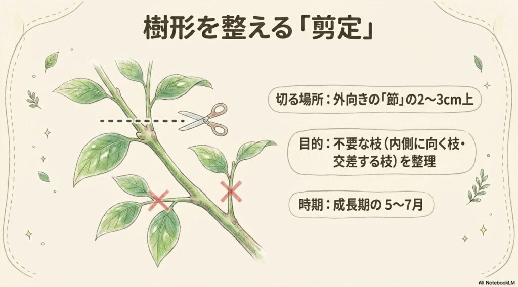 ハサミで枝を切り落としているイラスト。切る場所は外向きの節の2〜3cm上、時期は成長期の5〜7月で、内側に向く枝や交差する不要な枝を整理すると書かれている。