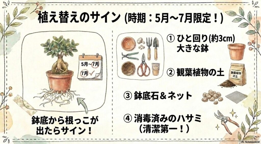 鉢底から根が出た状態のイラストとともに、5月〜7月の植え替え適期と、ひと回り大きな鉢や観葉植物の土、鉢底石などの必要なもの4点セットをまとめたスライド