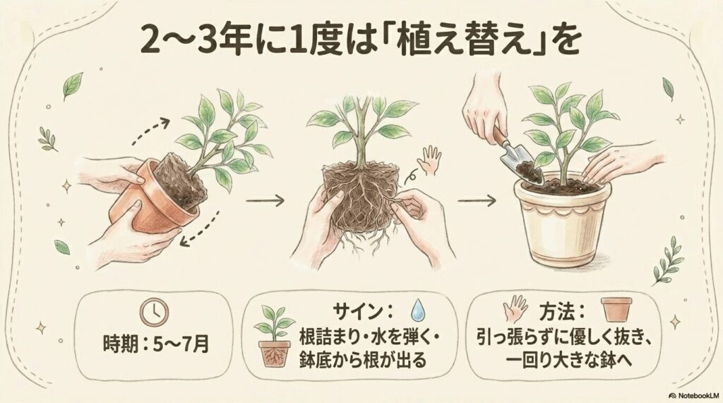 鉢を移し替えるイラスト。植え替えの手順図解。時期は5〜7月。根詰まりや水を弾くなどのサインが出たら、引っ張らずに優しく抜き、一回り大きな鉢へ移すよう推奨されている。