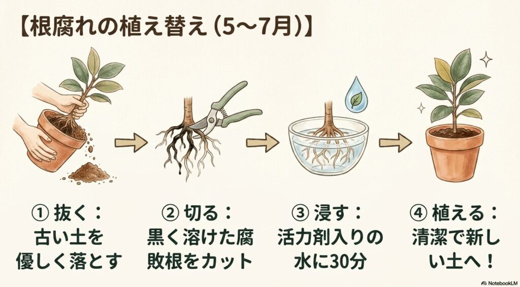 ガジュマルを植え替える際の4つの手順（古い土を落とす、腐敗根を切る、活力剤入りの水に浸す、新しい土に植える）をまとめたスライド画像。